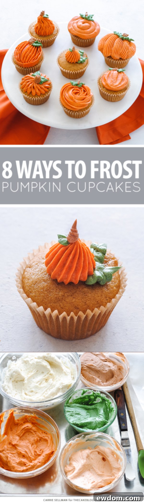 Pumpkin Cupcake Creations: Eight Unique Takes 3 8 Ways to Decorate a Pumpkin Cupcake with Buttercream Frosting | Carrie Sellman for TheCakeBlog.com
