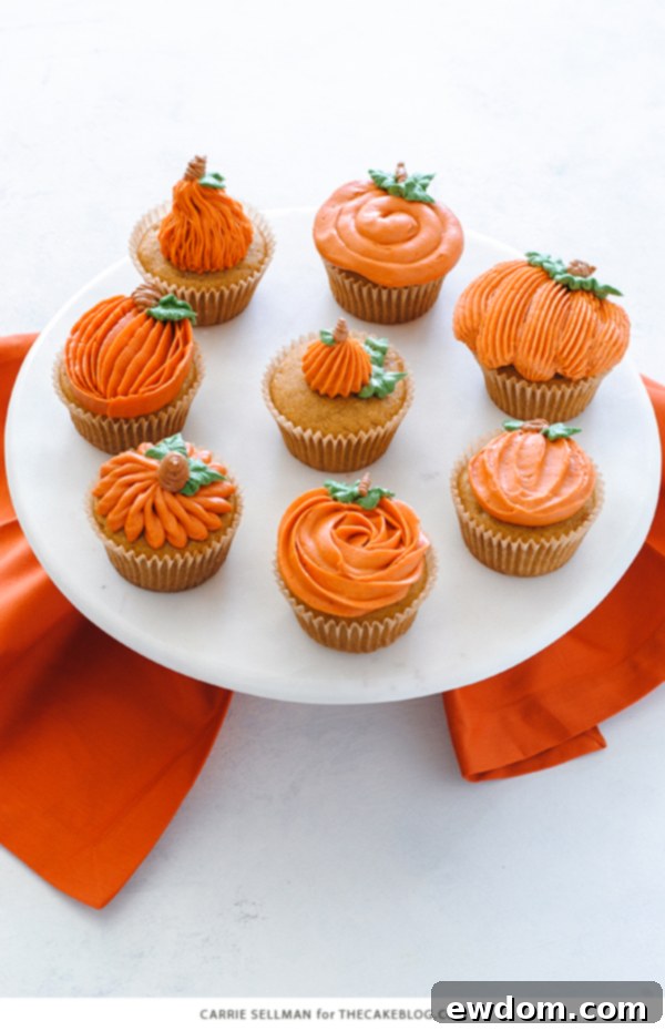 Pumpkin Cupcake Creations: Eight Unique Takes 4 8 Ways to Decorate a Pumpkin Cupcake with Buttercream Frosting | Carrie Sellman for TheCakeBlog.com