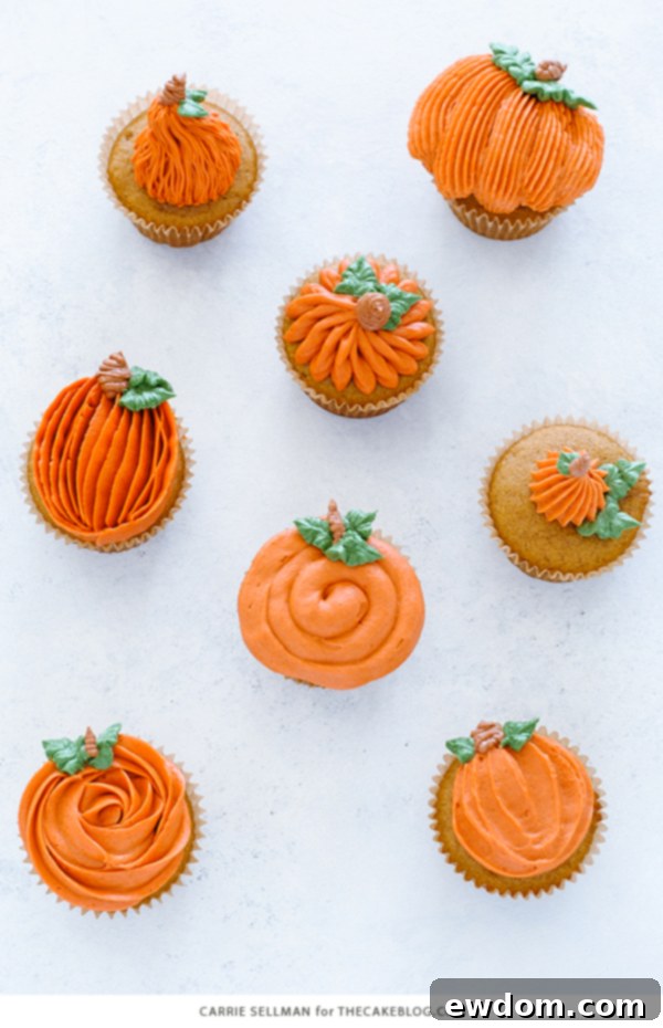 Pumpkin Cupcake Creations: Eight Unique Takes 7 8 Ways to Decorate a Pumpkin Cupcake with Buttercream Frosting | Carrie Sellman for TheCakeBlog.com