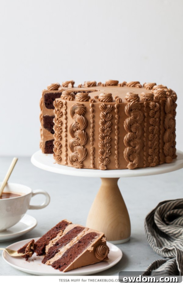 Golden Toffee Crunch Chocolate Cake 13 Chocolate Toffee Crunch Cake presented in its full glory with creative piping