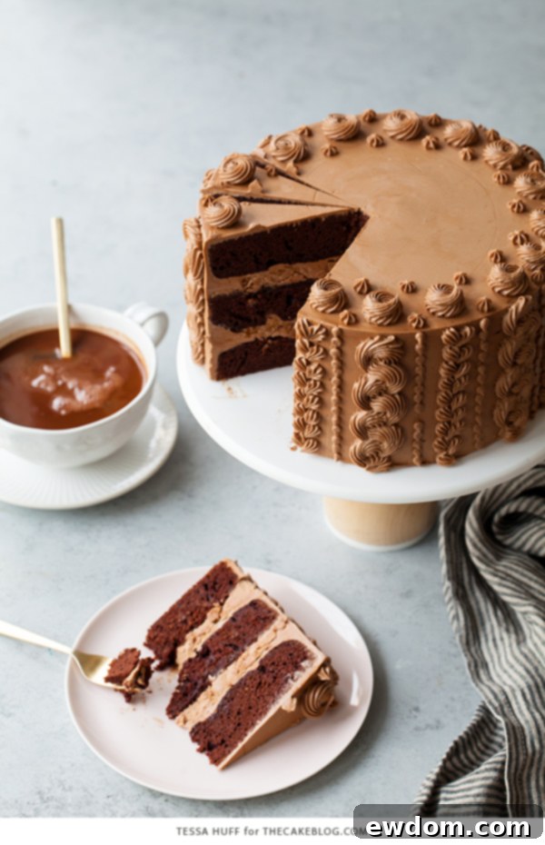 Golden Toffee Crunch Chocolate Cake 5 Chocolate Toffee Crunch Cake with textured buttercream piping and rich layers