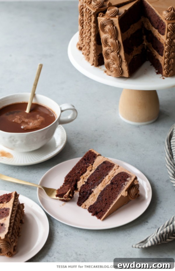 Golden Toffee Crunch Chocolate Cake 7 Side view of the Chocolate Toffee Crunch Cake with rustic yet elegant decoration