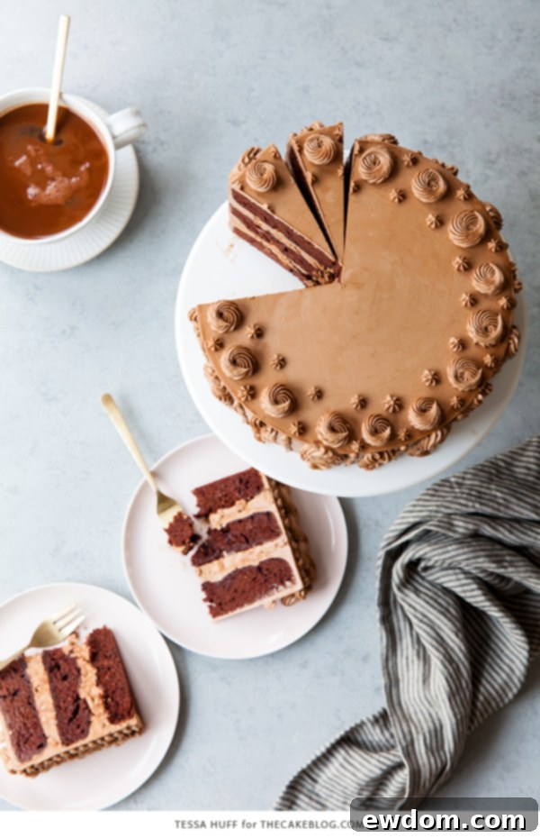 Golden Toffee Crunch Chocolate Cake 8 Overhead shot of the Chocolate Toffee Crunch Cake on a rustic wooden surface
