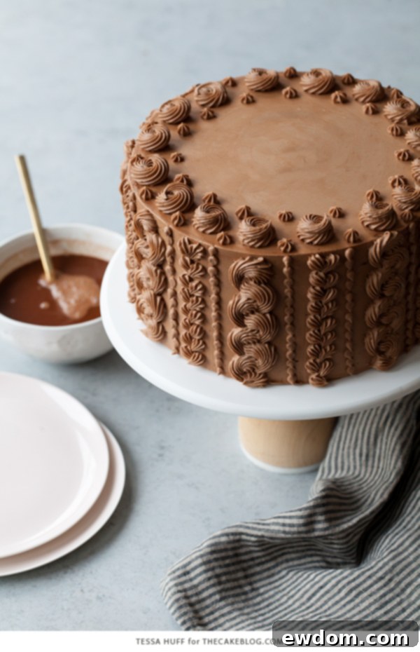 Golden Toffee Crunch Chocolate Cake 9 Another view of the Chocolate Toffee Crunch Cake showcasing the intricate piping details