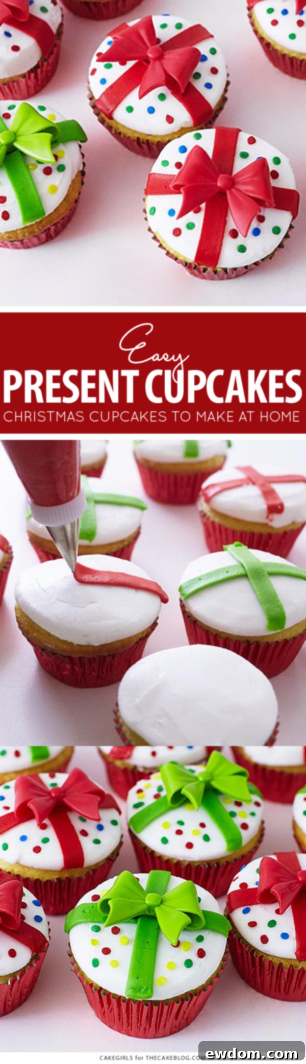 Christmas Present Cupcakes - how to decorate cupcakes to look like a gift box. A quick and easy holiday dessert | by Cakegirls for TheCakeBlog.com