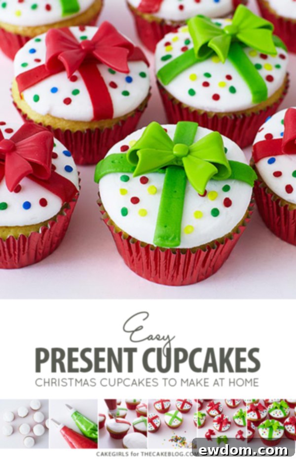 Stunning Christmas Present Cupcakes by Cakegirls, decorated to resemble gift boxes with festive bows and sprinkles, perfect for holiday dessert tables and gifts.