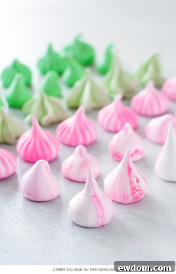 Sweet Whispers 5 Meringue Kisses - Melt-in-your-mouth mini meringue cookies that are light as air, naturally low calorie, dairy free, gluten free, and soy free. Assorted meringue kisses piped with various tips and colors. | by Carrie Sellman for TheCakeBlog.com