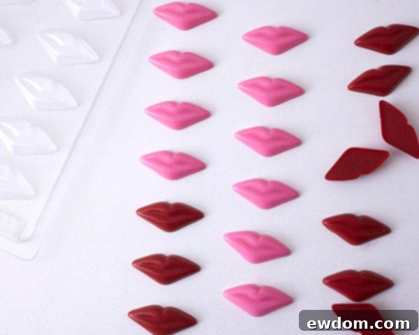 XOXO Valentine's Day Cake - how to make a pink ombre striped cake decorated with chocolate lips, hearts and an XOXO topper | by Cakegirls for TheCakeBlog.com