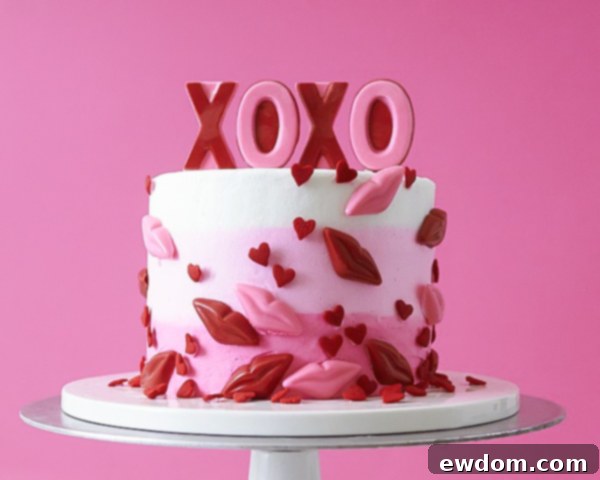 XOXO Valentine's Day Cake - how to make a pink ombre striped cake decorated with chocolate lips, hearts and an XOXO topper | by Cakegirls for TheCakeBlog.com