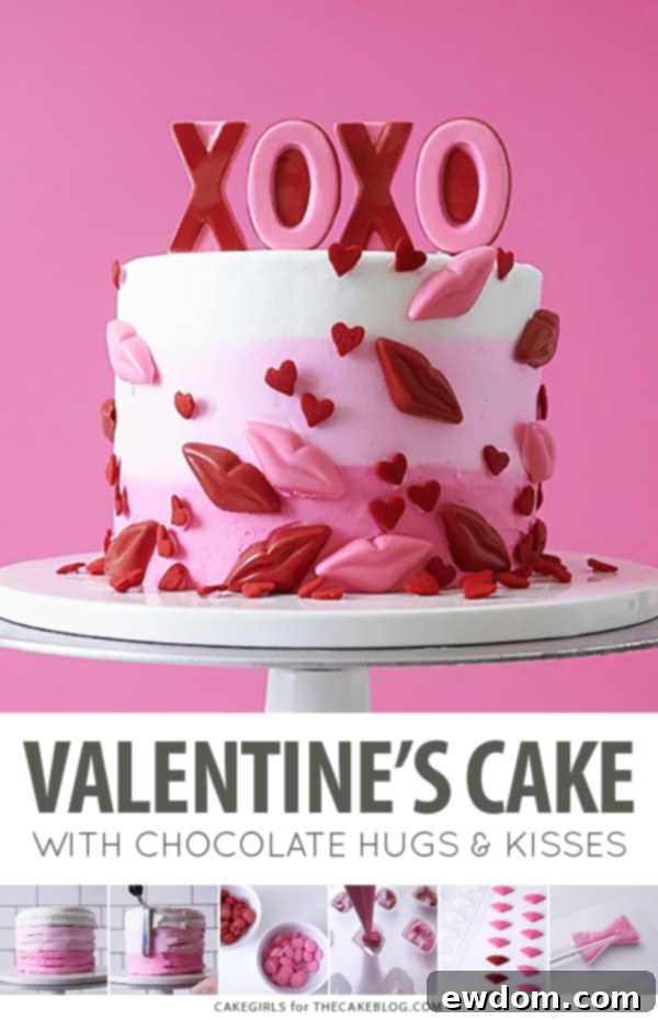 XOXO Valentine's Day Cake - how to make a pink ombre striped cake decorated with chocolate lips, hearts and an XOXO topper | by Cakegirls for TheCakeBlog.com