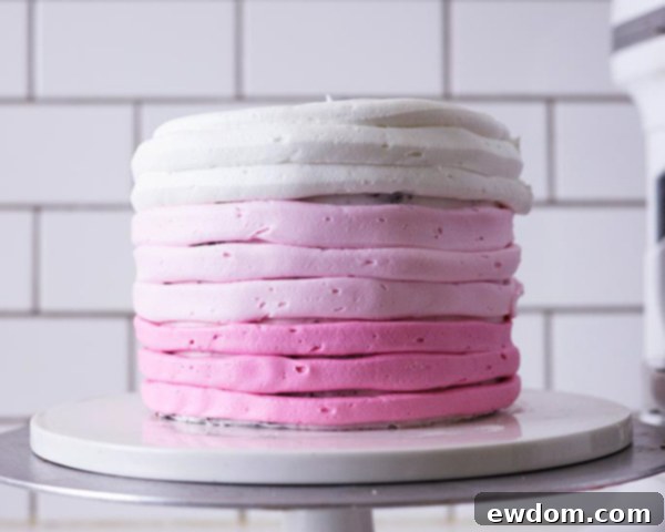 XOXO Valentine's Day Cake - how to make a pink ombre striped cake decorated with chocolate lips, hearts and an XOXO topper | by Cakegirls for TheCakeBlog.com