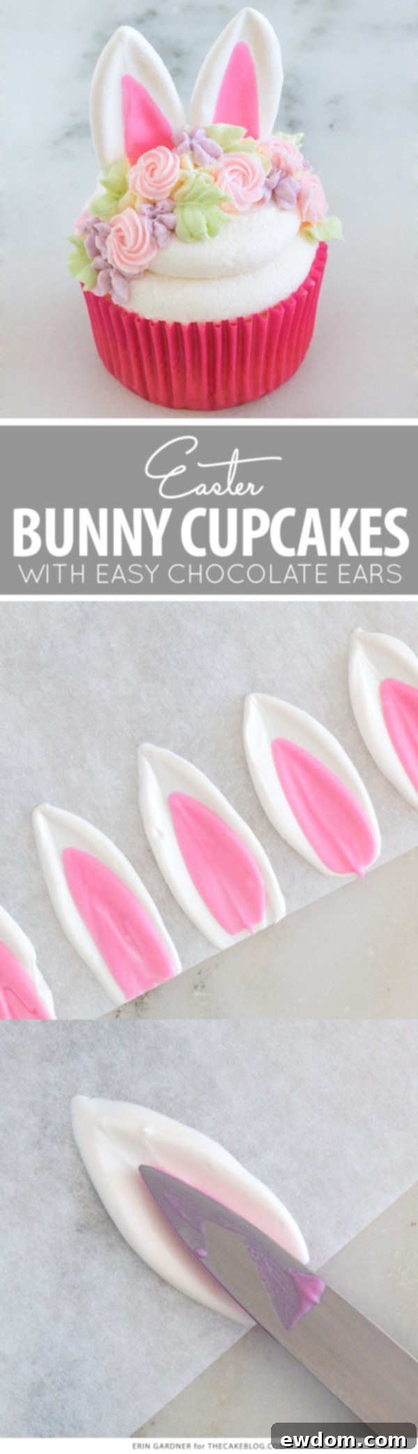 Close-up of a single Easter Bunny Cupcake with chocolate ears and floral buttercream headband, ready for celebration.