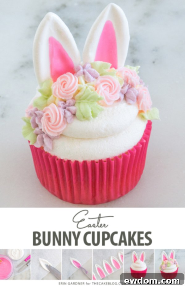 A charming display of Easter Bunny Cupcakes featuring unique chocolate ears and delicate buttercream flowers.