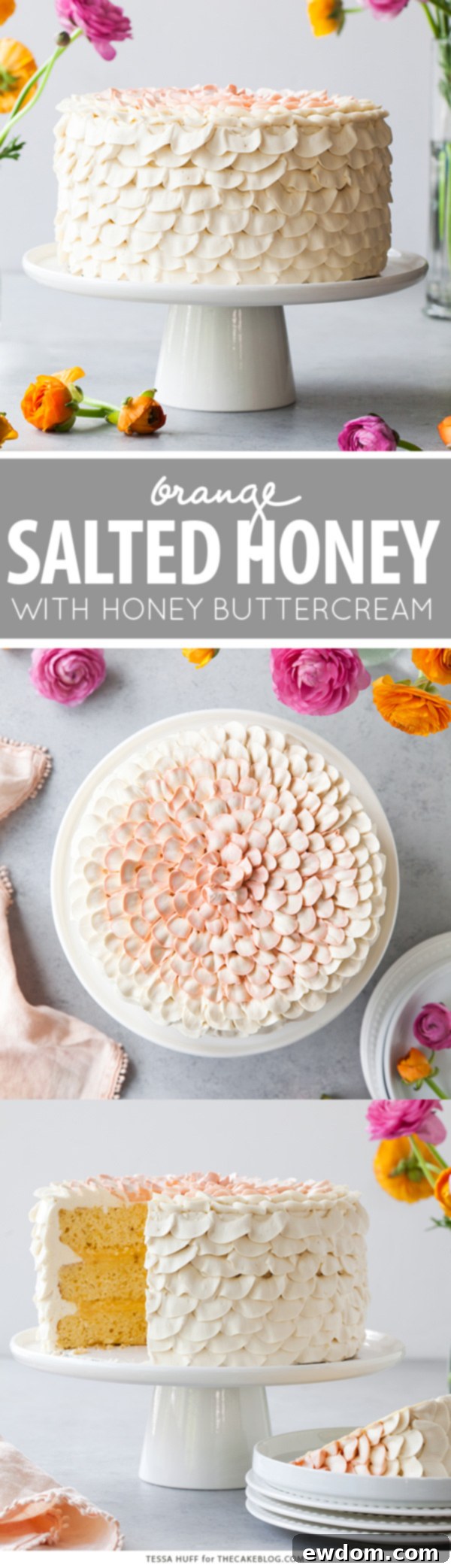 Orange Salted Honey Cake - orange cake with a salted honey custard and a piped petal honey buttercream | by Tessa Huff for TheCakeBlog.com