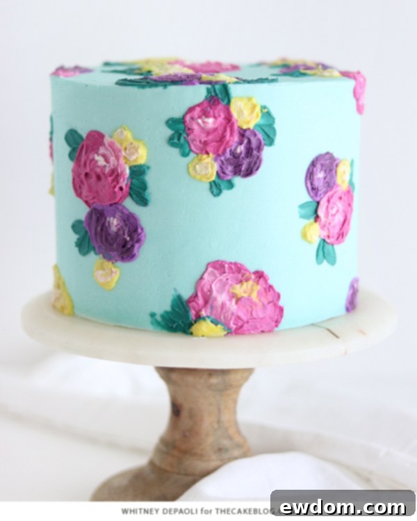 Detailed View of Painted Buttercream Flowers on a Decorative Cake