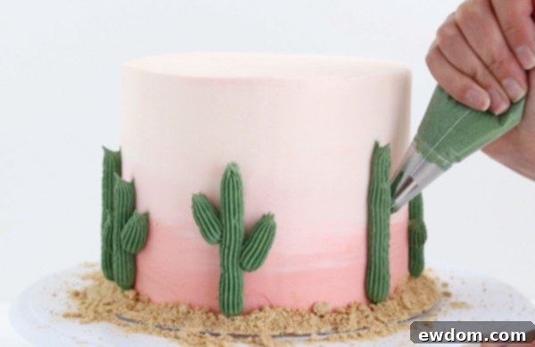 Desert Bloom Delight 16 Cactus Cake - how to make a cactus themed cake with ombrè buttercream, edible sand and piped buttercream cacti | by Whitney DePaoli for TheCakeBlog.com