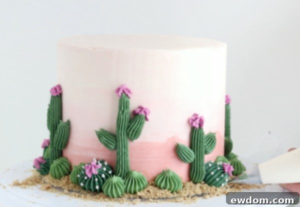 Desert Bloom Delight 18 Cactus Cake - how to make a cactus themed cake with ombrè buttercream, edible sand and piped buttercream cacti | by Whitney DePaoli for TheCakeBlog.com