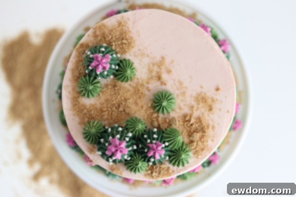 Desert Bloom Delight 20 Cactus Cake - how to make a cactus themed cake with ombrè buttercream, edible sand and piped buttercream cacti | by Whitney DePaoli for TheCakeBlog.com