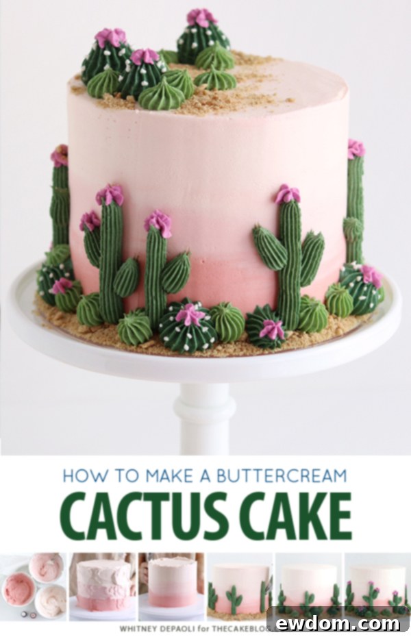 Desert Bloom Delight 3 Cactus Cake - how to make a cactus themed cake with ombrè buttercream, edible sand and piped buttercream cacti | by Whitney DePaoli for TheCakeBlog.com