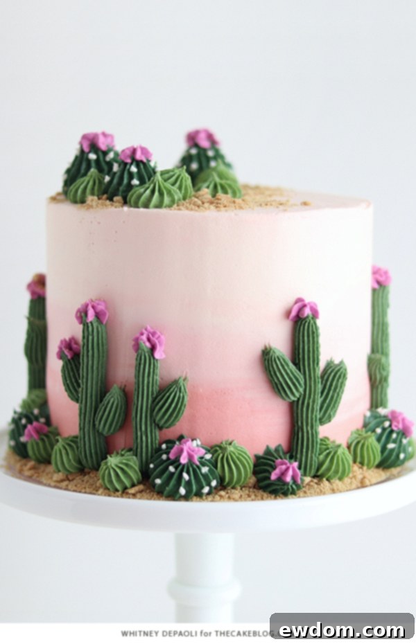Desert Bloom Delight 21 Cactus Cake - how to make a cactus themed cake with ombrè buttercream, edible sand and piped buttercream cacti | by Whitney DePaoli for TheCakeBlog.com