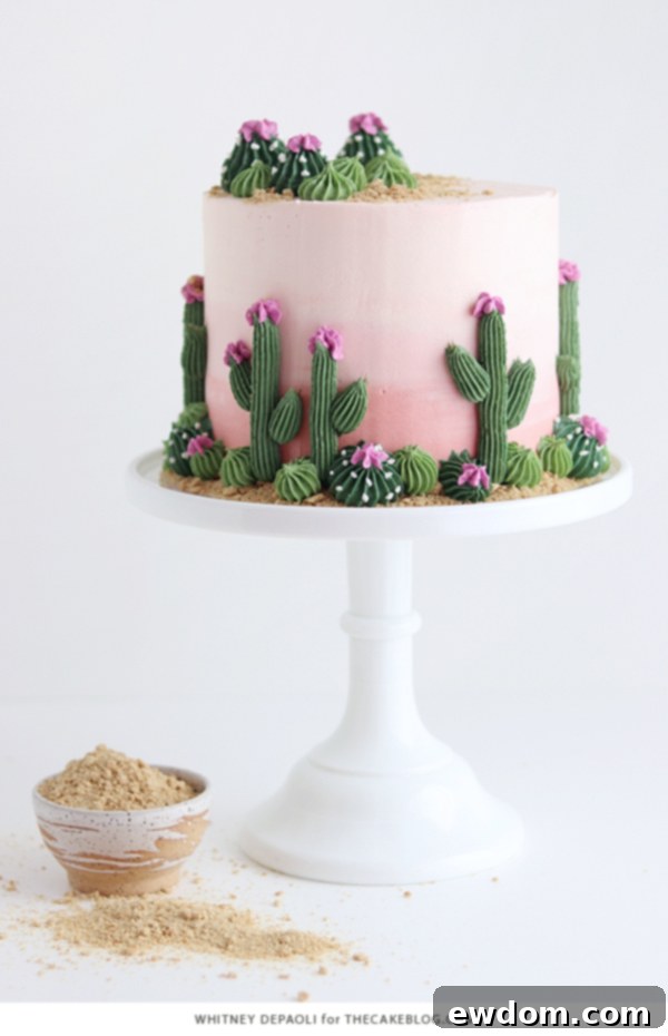 Desert Bloom Delight 4 Cactus Cake - how to make a cactus themed cake with ombrè buttercream, edible sand and piped buttercream cacti | by Whitney DePaoli for TheCakeBlog.com