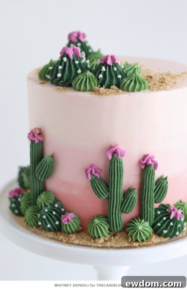 Desert Bloom Delight 5 Cactus Cake - how to make a cactus themed cake with ombrè buttercream, edible sand and piped buttercream cacti | by Whitney DePaoli for TheCakeBlog.com