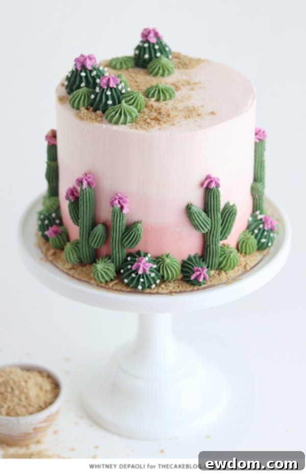 Desert Bloom Delight 6 Cactus Cake - how to make a cactus themed cake with ombrè buttercream, edible sand and piped buttercream cacti | by Whitney DePaoli for TheCakeBlog.com