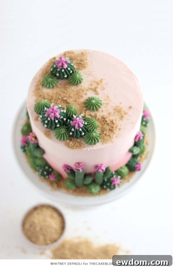Desert Bloom Delight 7 Cactus Cake - how to make a cactus themed cake with ombrè buttercream, edible sand and piped buttercream cacti | by Whitney DePaoli for TheCakeBlog.com
