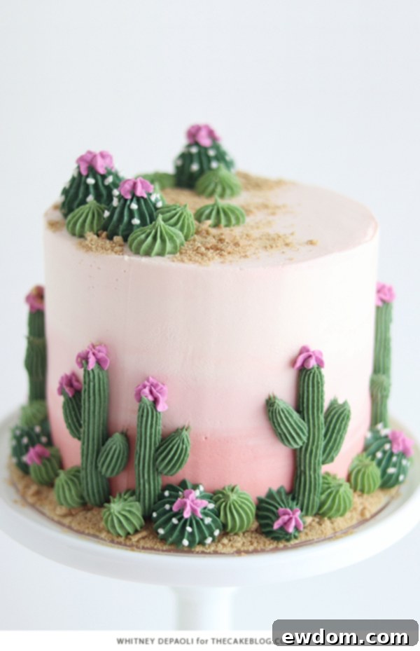 Desert Bloom Delight 8 Cactus Cake - how to make a cactus themed cake with ombrè buttercream, edible sand and piped buttercream cacti | by Whitney DePaoli for TheCakeBlog.com