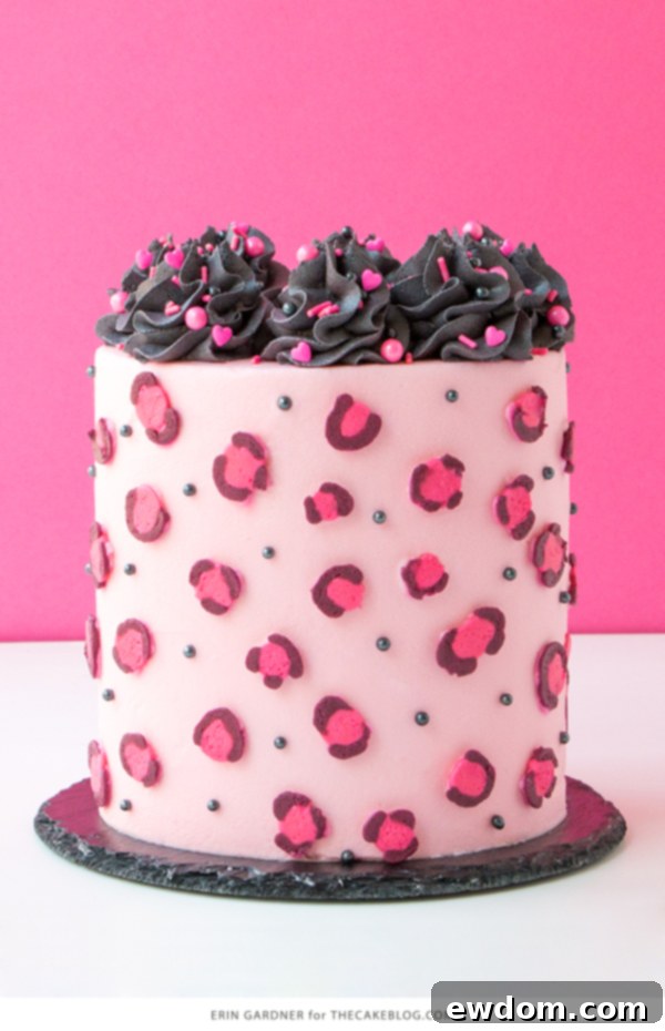 Chic Leopard Buttercream 4 Close-up of a pink leopard print cake showing intricate buttercream details