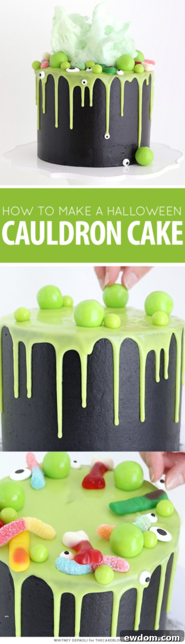 Sorceress's Potion Cake 2 Close-up of a Witch Cauldron Cake with green ganache and candy eyeballs