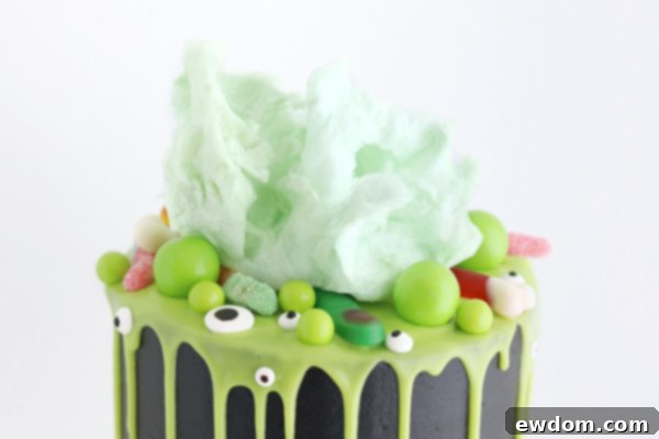 Sorceress's Potion Cake 18 Placing green cotton candy on top of the Witch Cauldron Cake for a smoky effect