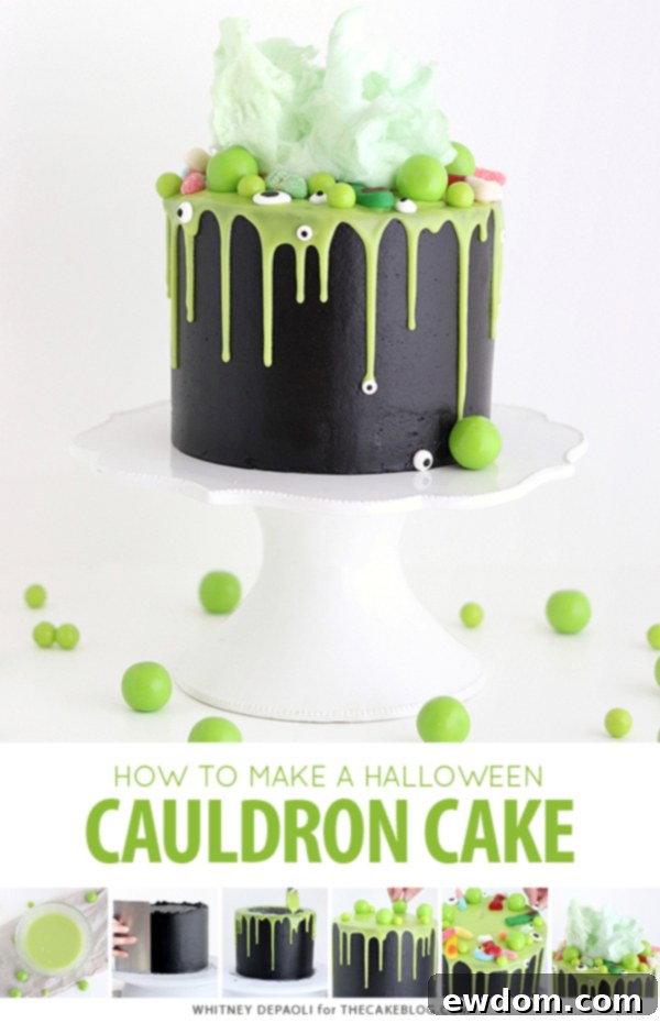 Sorceress's Potion Cake 3 Stunning Witch Cauldron Cake with bubbling green ganache and spooky candies