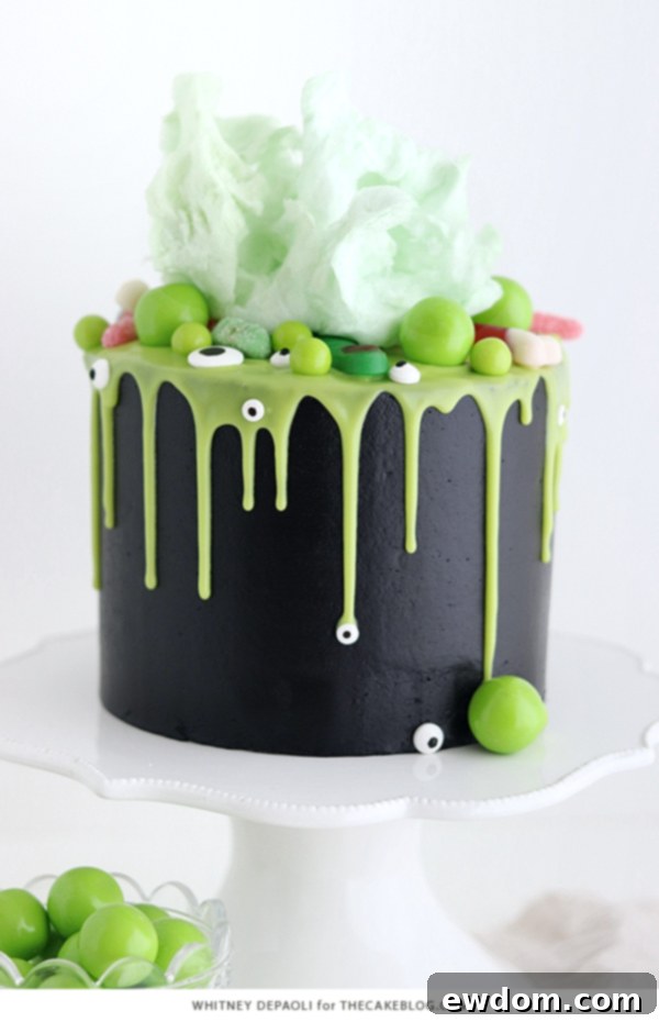 Sorceress's Potion Cake 8 Close-up of the perfectly frosted black buttercream on the Witch Cauldron Cake