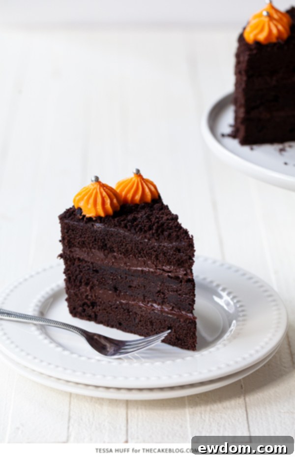 Legendary Brooklyn Chocolate Blackout 5 Brooklyn Blackout Cake adorned with cake crumbs, ready for optional Halloween decorations