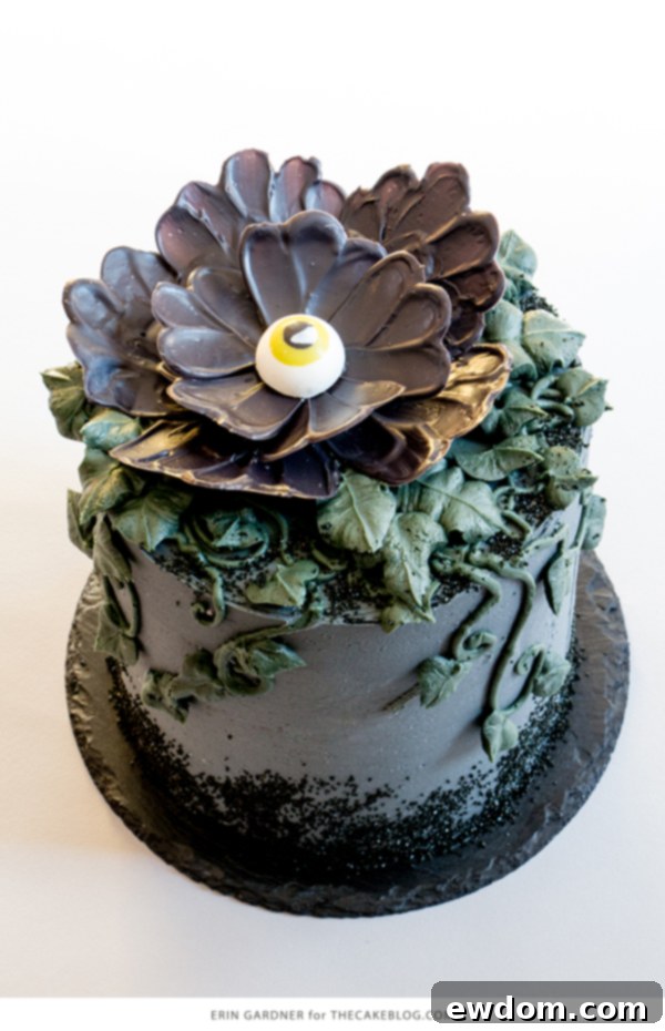 Gazing Chocolate Blossom 2 Chocolate Eyeball Flower - how to make a creepy black chocolate flower with an edible eyeball center | by Erin Gardner for TheCakeBlog.com