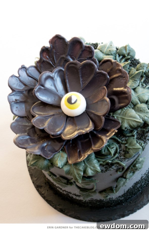 Gazing Chocolate Blossom 3 Chocolate Eyeball Flower - how to make a creepy black chocolate flower with an edible eyeball center | by Erin Gardner for TheCakeBlog.com