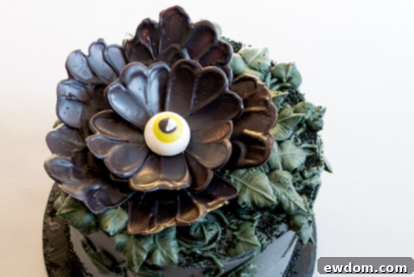 Gazing Chocolate Blossom 4 Chocolate Eyeball Flower - how to make a creepy black chocolate flower with an edible eyeball center | by Erin Gardner for TheCakeBlog.com