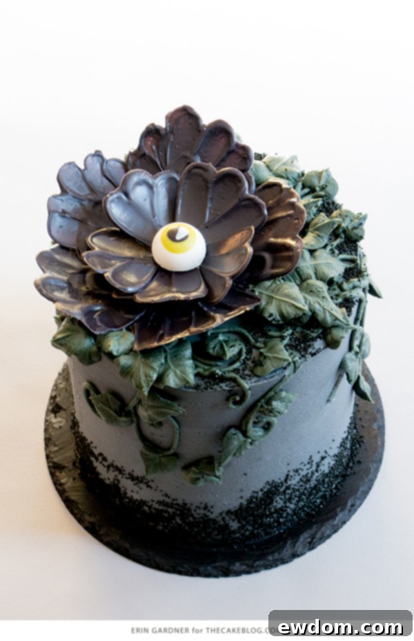 Gazing Chocolate Blossom 5 Chocolate Eyeball Flower - how to make a creepy black chocolate flower with an edible eyeball center | by Erin Gardner for TheCakeBlog.com