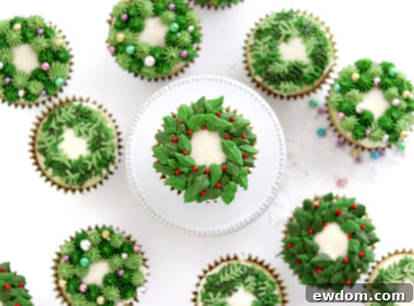 Festive Wreath Cupcakes 24 Assortment of all three Christmas wreath cupcake designs on display