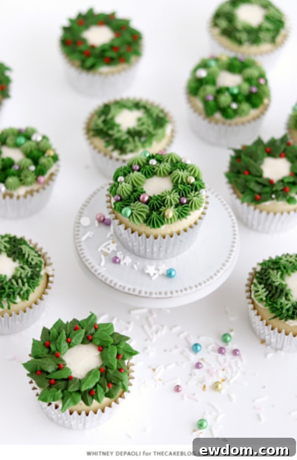Festive Wreath Cupcakes 5 Top-down view of Christmas wreath cupcakes ready for a holiday party