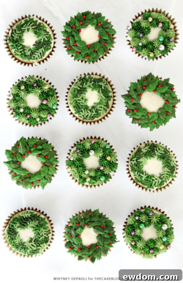 Festive Wreath Cupcakes 6 Detailed shot of a festive berry wreath cupcake
