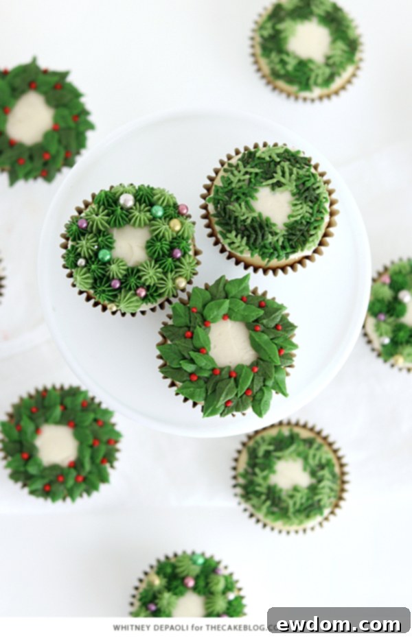 Festive Wreath Cupcakes 7 Detailed shot of a charming pine sprig wreath cupcake