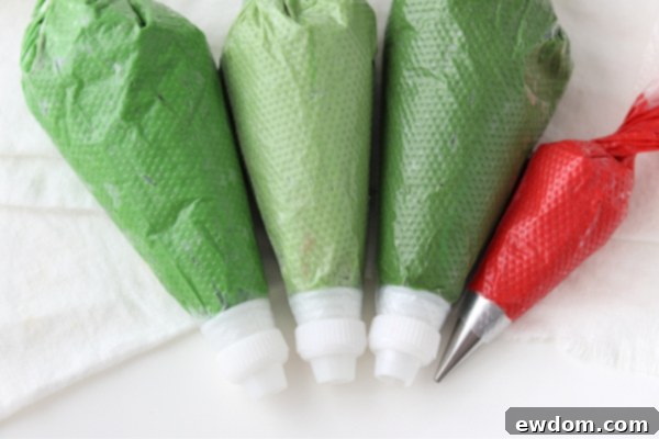 Festive Wreath Cupcakes 10 Piping bags filled with colored buttercream, ready for decorating