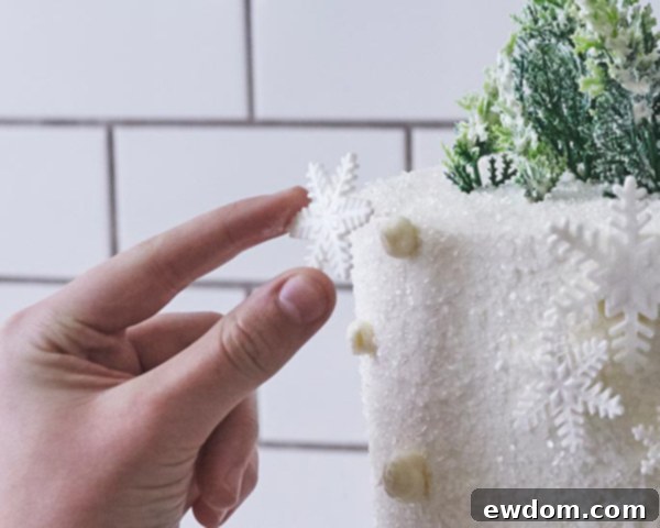 Enchanted Snowflake Cake 16 Piping buttercream dots on the cake to attach fondant snowflakes