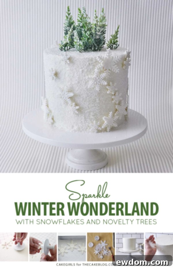 Enchanted Snowflake Cake 3 Close-up of Winter Wonderland Snowflake Cake showing sparkling sugar and fondant snowflakes