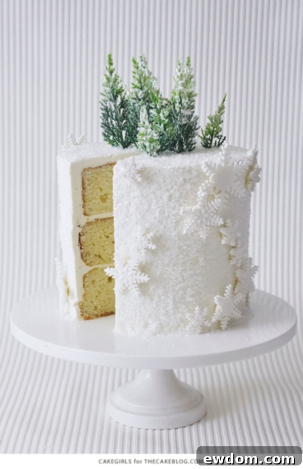 Enchanted Snowflake Cake 4 Side view of the Winter Wonderland Snowflake Cake with layered cake and white frosting