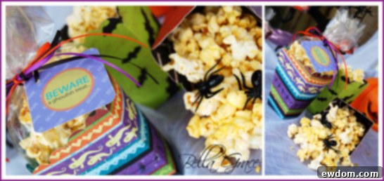 Individual Halloween Popcorn Favors in custom snack cups, a delicious and easy treat for guests.