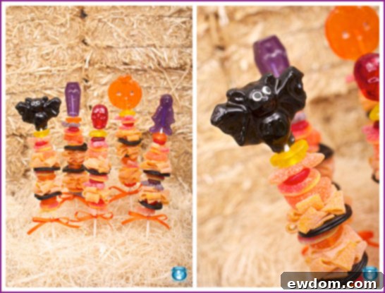 Vibrant Halloween Candy Kabobs featuring sour gummies and lollipops, a perfect sweet treat for party guests.