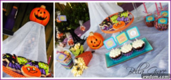 Beautifully styled Halloween table scape with various treats and decorations, inspiring party planning.